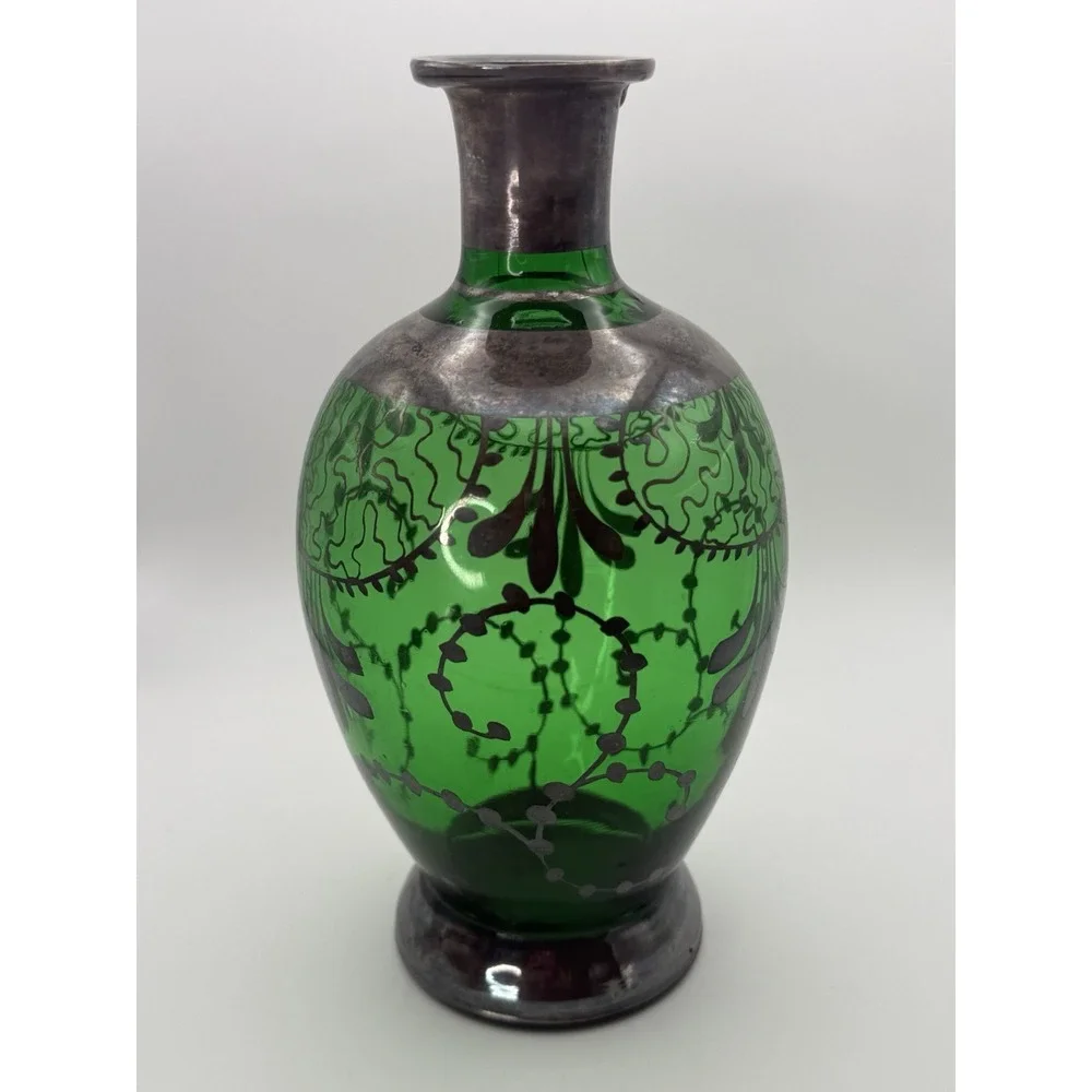 VTG Italian Emerald Green Glass Decanter & Glasses Silver Overlay Florence Italy